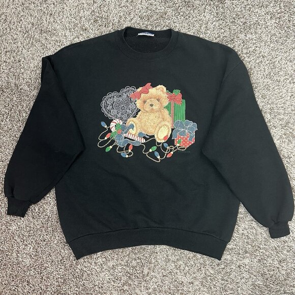 Vintage 90s Christmas Teddy Bear Sweatshirt Womens XL Cotttagecore Granny USA - Picture 1 of 6